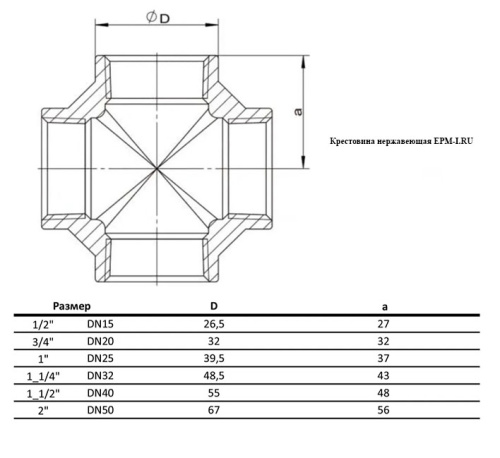 Крестовина нержавеющая Ду 20 (3/4", 26,9 мм) AISI 304 Вр/Вр/Вр/Вр резьба от компании ООО "ЭПМ-Инжиниринг"